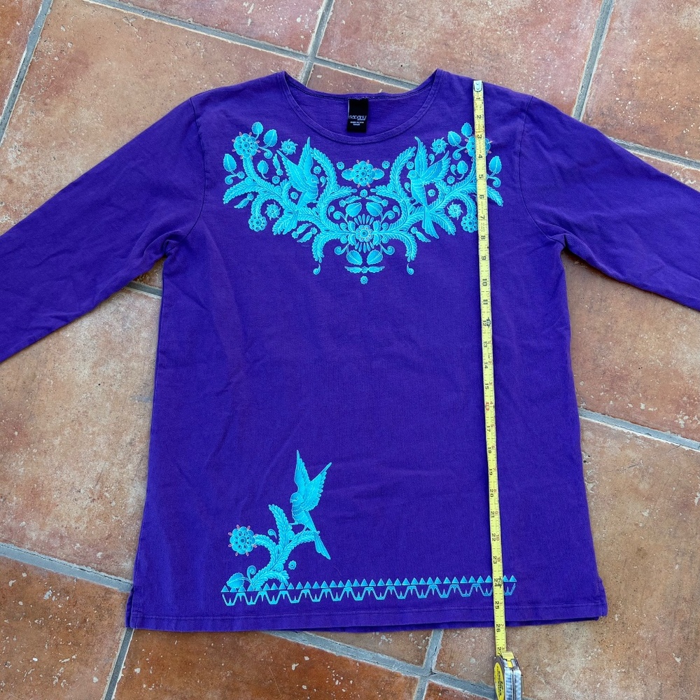 SABAKU Artwear T-Shirt Purple Bird Huipil 3/4 Sleeve Top Size S - Picture 6 of 6